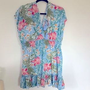 Blue Island Tropical Floral Swim Coverup - Blue and Pink